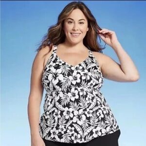Lands' End Women's UPF 50 Floral Print Tulip Hem Tankini Top Black/White 3X NWT